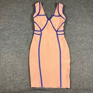 Wow Couture Bandage Party Dress Pink Blue Bodycon Geometric V-Neck Midi Sz M